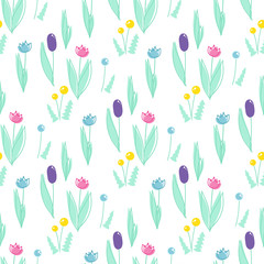 Vector cartoon background. Seamless pattern with wild flowers, dandelions, tulips, reeds. Children’s book style. Perfect for kids room wallpaper, cotton, textile. Cute pastel color palette