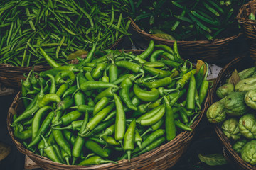 Fresh green chilies at the local market in Bangalore India