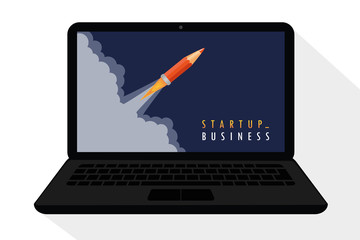 startup business concept with pencil rocket launch in laptop vector illustration EPS10