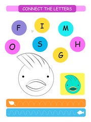 Connect the letters - Fish. Printable worksheet for preschool and kindergarten kids. Alphabet learning letters and coloring. Handwriting practice. Vector illustration.
