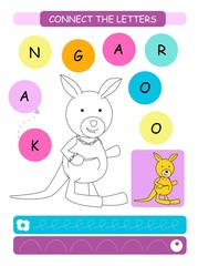 Connect the letters - Kangaroo. Printable worksheet for preschool and kindergarten kids. Alphabet learning letters and coloring. Handwriting practice. Vector illustration.