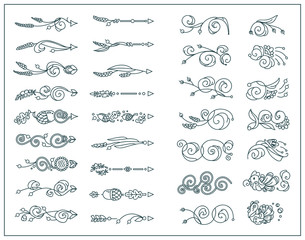 Vector vintage elements for design. Cute arrows, indexes, dividers, tiny arts in Thanksgiving Day theme. Turkey, birds, vine, maize, ears of wheat, acorns and leaves. Elements for decoration