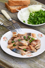 Slices of salted herring with green onions on a wooden table