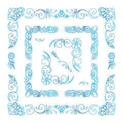 Vector set of elements for design. Collection of square corners, frames in blue watercolor style. Flowers, ear of wheat, leaves elements. Vintage, hand drawing doodle style