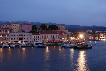 Fototapeta premium Night shot from iconic Venetian port of Chania, Crete island, Greece