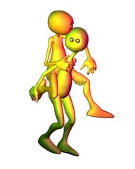 Illustration of a pair of friendly, brightly coloured alien creatures having a piggyback ride, 3d digitally rendered illustration