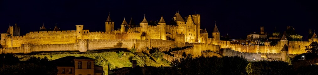 Illuminated Carcassonne castle at night, Carcassonne, France