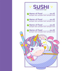 Vector list of background, template for menu with place for price and product composition. Kawaii art for Asian food, ramen shop, noodle cafe or sushi restaurant menu, flyer. Unicorn with ramen plate