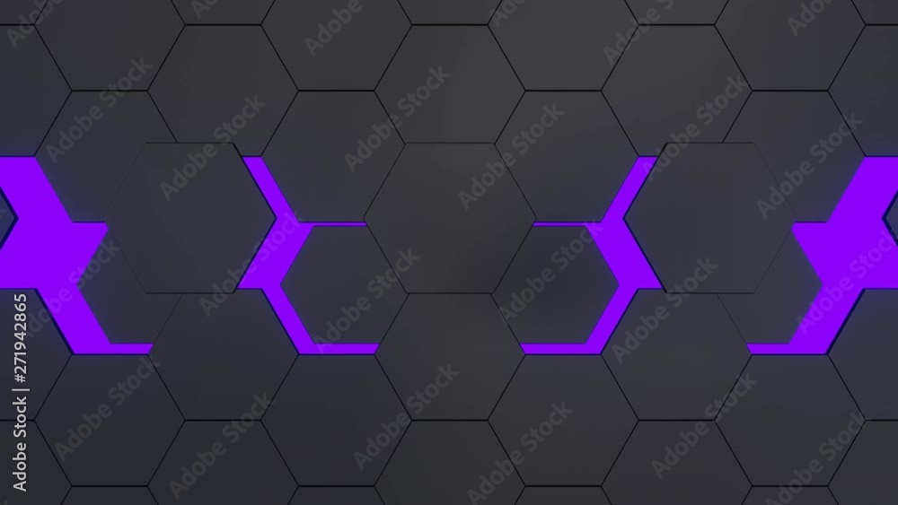 Poster 3d animation of abstract hexagonal grey graphite with blue background coming out from the movement