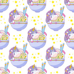 Vector seamless pattern, kawaii anime style. Cute unicorn in plate with ramen, noodles, narutomaki, egg, chopsticks, onion and spice. Perfect for kids room wallpaper, cotton, textile