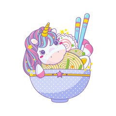 Vector cartoon illustration in kawaii anime style. Cute unicorn in plate with ramen, noodles, narutomaki, egg, chopsticks, onion and spice. Perfect for Asian street food print