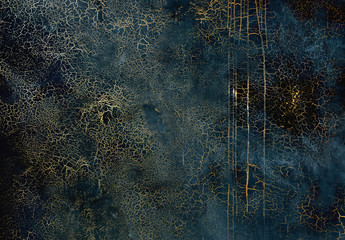 Dark blue texture with gold cracks. Surface with craquelure effect.