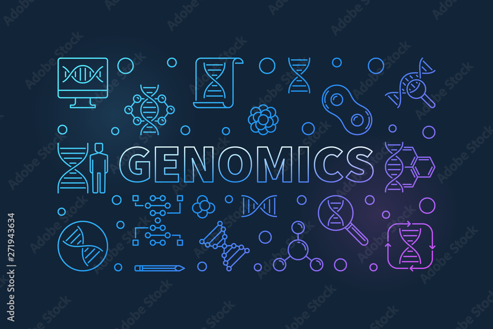 Poster genomics vector colorful concept banner in outline style on dark background