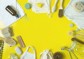 zero waste lifestyle kit on yellow background with copy space