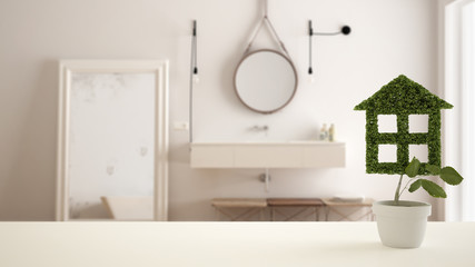White table top or shelf with green plant in pot shaped like house, modern blurred bathroom with sink in the background, interior design, real estate, eco architecture concept idea