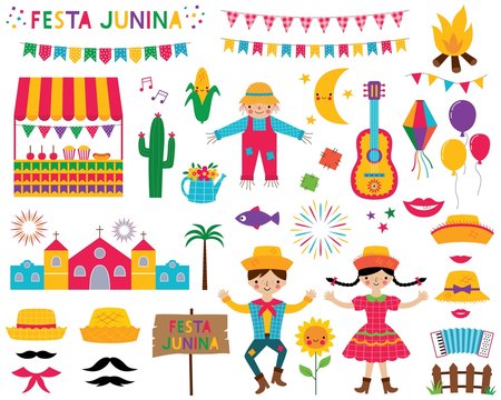 Festa Junina, traditional Brazil June party, design elements set
