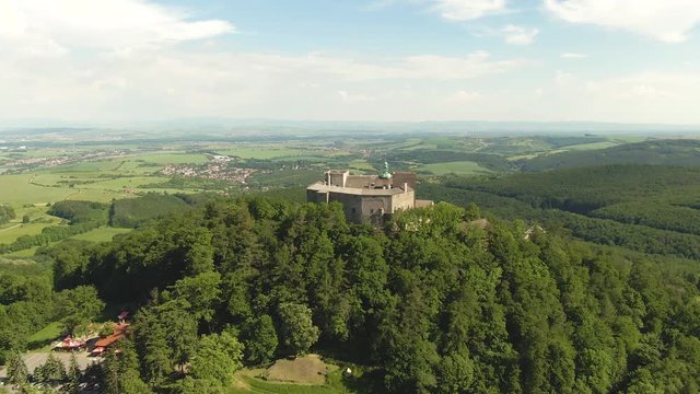 Aerial top view of Buchlov castle. Ancient fort is placed on hill. South Moravia region, Czech republic.