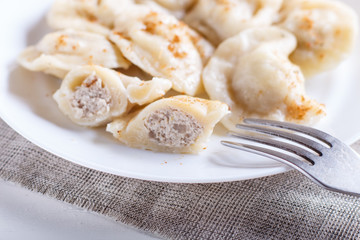 dumplings on a white plate, selective focus.