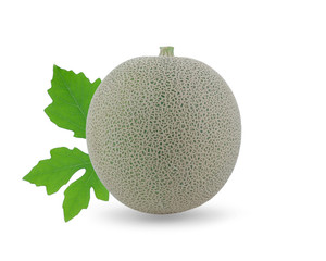 Green melon or cantaloupe, fresh, with separate leaves and seeds isolated on white backgroundt  white background