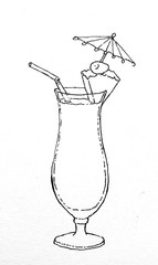 Pina Colada Cocktail black and white sketch illustration