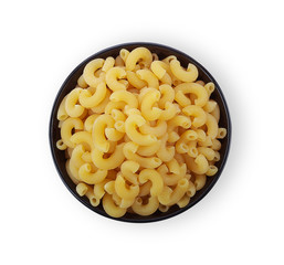 Macaroni in a black cup Isolated on a white background. top view.