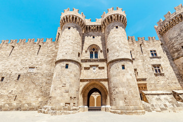 famous tourist attraction - Knights Grand Master Palace gates without people. Travel in Greece,...