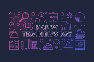 Happy Teacher's Day colorful linear horizontal banner. Vector illustration on dark background