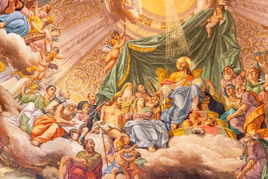 COMO, ITALY - MAY 8, 2015: The fresco of Glory of Christ the King in church Santuario del Santissimo Crocifisso by Gersam Turri (1927-1929).