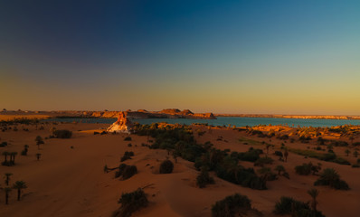 Aerial sunrise Panoramic view to Yoa lake group of Ounianga kebir lakes at the Ennedi, Chad