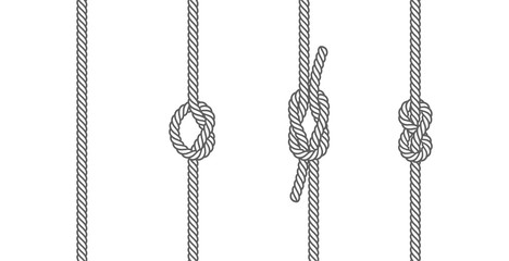 Rope knots borders line set design element different types. vector illustration of knot border - obrazy, fototapety, plakaty