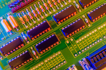 electronic board design, Motherboard digital chip. Tech science background.