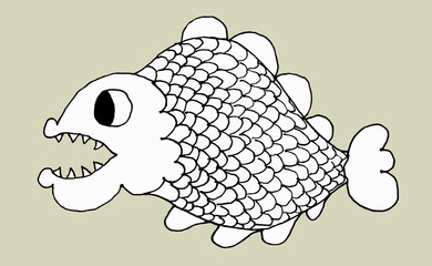 Sketch of a fish with big teeth on a gray background. Vector illustration . Site about fish, animals, fishing, hunting.