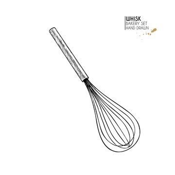 Bakery set. Hand drawn isolated metal whisk. Kitchen tools. Vector engraved icon. For restaurant and cafe menu, baker shop, bread, pasty, sweets. Design template.