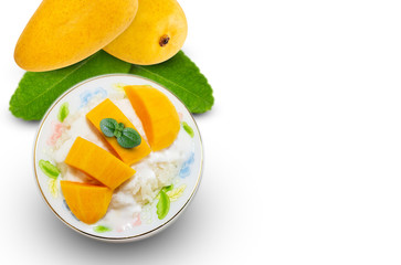 Fototapeta na wymiar Closeup of stickky rice with ripe mango and coconut milk on dish. White background