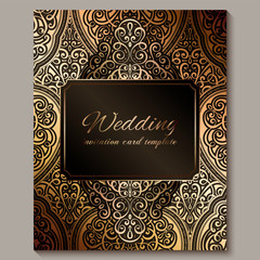 Wedding invitation card with black and gold shiny eastern and baroque rich foliage. Ornate islamic background for your design. Islam, Arabic, Indian, Dubai.