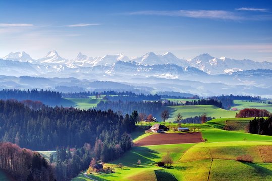 View from the Lueg over the Emmental with Bernese Alps in spring, Affoltern in the Emmental, Canton Bern, Switzerland, Europe