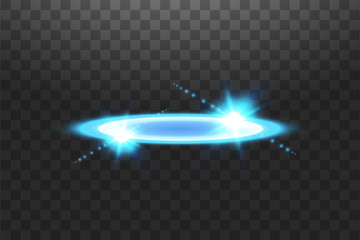 Futuristic teleport. Magic fantasy portal. Light effect. Blue candles rays of a night scene with sparks on a transparent background. Empty light effect of the podium. Disco club dancefloor.