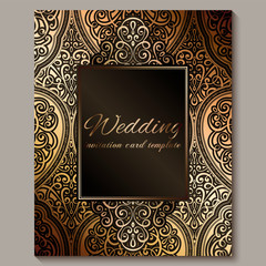 Wedding invitation card with black and gold shiny eastern and baroque rich foliage. Ornate islamic background for your design. Islam, Arabic, Indian, Dubai.