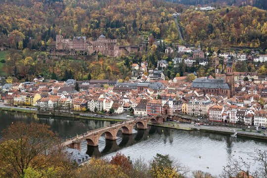 View from Philsophenweg to Neckar, Old Bridge, also Carl Theodor Bridge and historic centre in autumn, Heidelberg, Baden-Wurttemberg, Germany, Europe