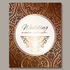 Wedding invitation card with bronze and gold shiny eastern and baroque rich foliage. Ornate islamic background for your design. Islam, Arabic, Indian, Dubai.