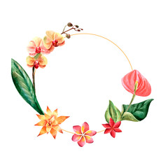 Watercolor bright summer illustration with tropical flowers