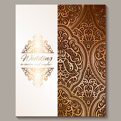 Wedding invitation card with bronze and gold shiny eastern and baroque rich foliage. Ornate islamic background for your design. Islam, Arabic, Indian, Dubai.