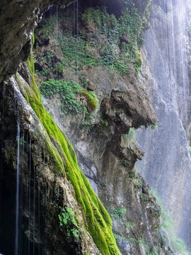 Waterfall, rocks overgrown with moss, Cares Gorge, Picos de Europa National Park, Cain, Castilla y Leon, Spain, Europe