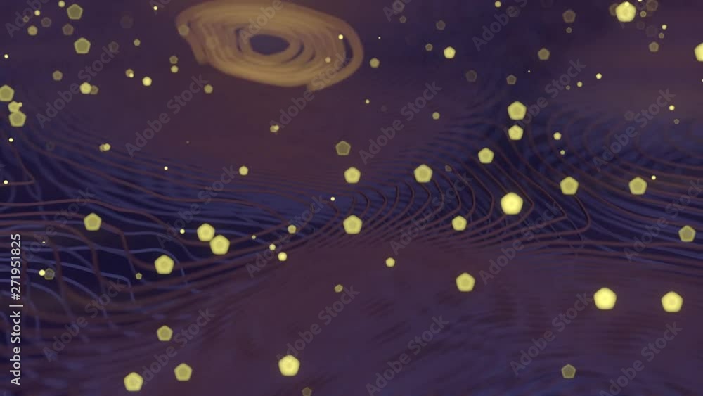Aufkleber Colored abstract background with bright particles. Deformed wavy wires with motion glowing elements. Depth of field. 3D render loop animation. 4K, Ultra HD resolution.