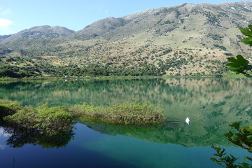 Fototapeta na wymiar Photo from iconic natural lake of Kourna with amazing colours, Chania, Crete island, Greece