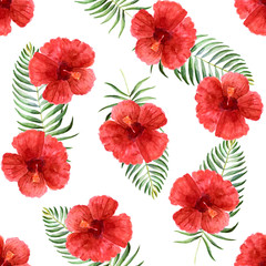 Watercolor bright summer illustration with tropical flowers