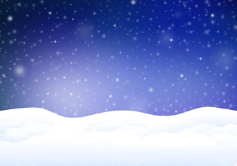 Magical snowy winter background. Night scene with snowfall and snow dunes. Empty space for the copy.
