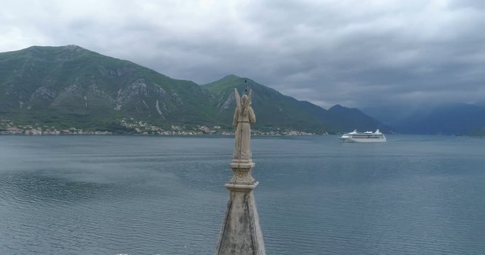 spire of the church of Saint Eustace in Dobrota, aerial view