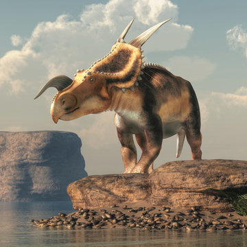 An Einiosaurus on boulders by a lake in an arid region. Einiosaurus was a ceratopsian dinosaur, like the triceratops, from the Cretaceous period. 3D Rendering