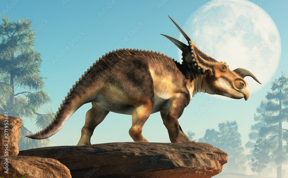 Poster an einiosaurus on a cliff in front of the moon. einiosaurus was a ceratopsian dinosaur, like the tri